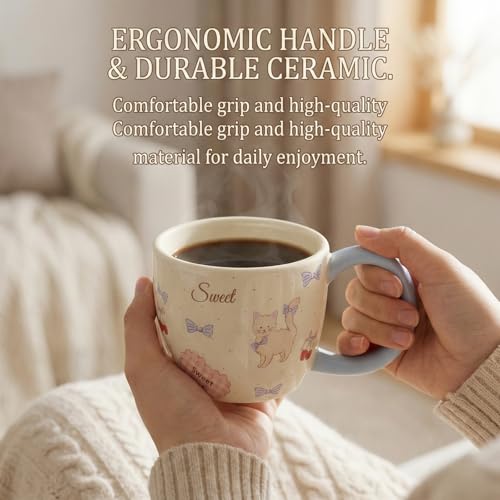 Taza de cerámica 13oz con patrón de gato y cerezas miniatura 5