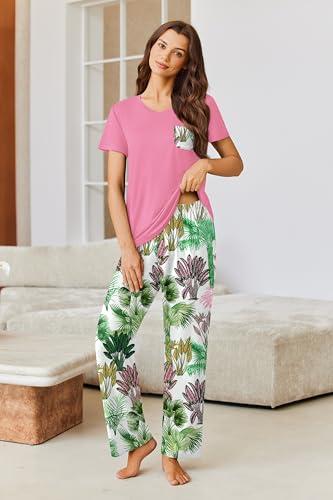 Image of Ekouaer Pajama Sets for Women 2 Piece Short Sleeve Pj V Neck Chest Pocket | Ladies Pajama Sets with Printed Long Pants, Soft Matching Pj Sleepwear, Casual Loose Fall Loungewear, S-XXL