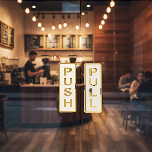 Image of 6 Inch White & Golden Acrylic Push Pull Door Sign, Self Adhesive Door Plate Sticker for Hotel, Office, Business, Resort, Glass & Wooden Doors (Pack of 1 Set)
