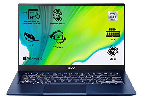Acer Swift 5 SF514-54T - Portátil táctil ultrafino 14' FullHD (Intel Core i5-1035G1, 8GB RAM, 512GB SSD, Intel UHD Graphics, Windows 10 Home), Teclado QWERTY Español, Color Azul