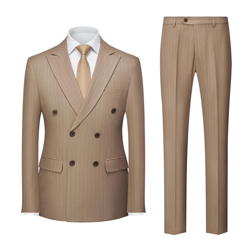 MOGU Herren Zweireihiger Nadelstreifen-Anzug, 2-teilig, schmale Passform, Smoking, formelle Jacke und Hose für Business, Hochzeit, Abschlussball, Khaki, L