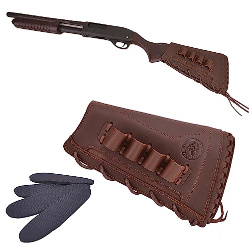 Leather Rifle Buttstock Shotgun Shell Holder Recoil Pad .30-30 .308 12/16Ga Hunting Butt Stock Cartridge Ammo Pouch (Brown (12 Gauge), Left Handed)