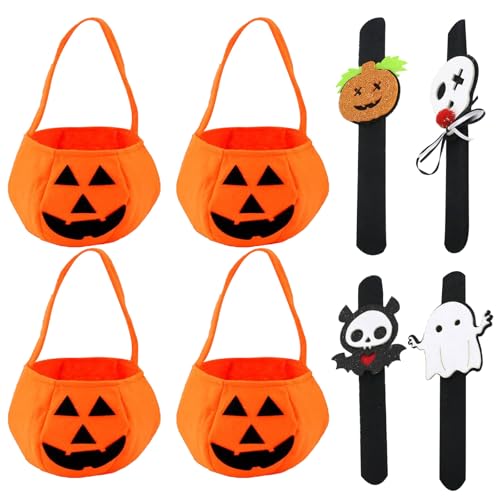 Ayizhiniu 4 peças Halloween saco de doces de abóbora, Candy Bags abóbora com 4 pulseiras, cesta portátil de saco de abóbora, adequado festa temática de Halloween saco de abóbora