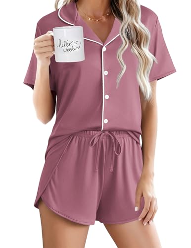 Image of Ekouaer Pajamas for Women Set Button Up Sleepwear 2 Piece Pjs Lounge Set Short Sleeve Nightwear