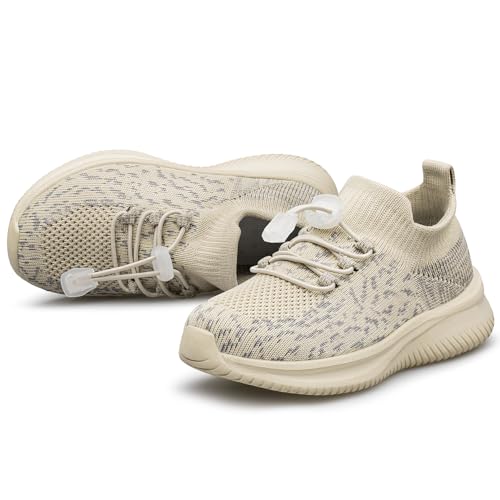 Boys Girls Shoes Kids Sneakers Lightweight Breathable Athletic Running Tennis Fitness School Child Sock Shoes Beige Big Kid Size 2