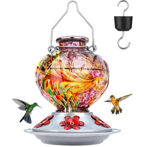 BOLITE Hummingbird Feeder, Hand Blown Glass Hummingbird Feeders for Outdoors Hanging, Ant Moat, 5 Bee-Proof Ports, Leak-Proof, 360° Perch, 22oz, Purple Peony Gifts for Women Men, Gifts for M