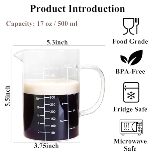 Vaso medidor de vidrio transparente 500 ml con asa miniatura 2