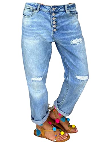 Akivide Women's High Waist Ripped Distressed Straight Leg Mom Jeans Casual Button Closure with Pockets