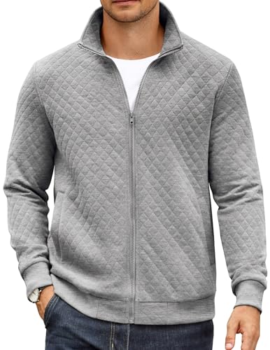COOFANDY Mens Zip Up Sweatshirt Mock Neck Casual Stylish Jackets Quilted Jacket Knitted Zip Up Sweater Light Grey