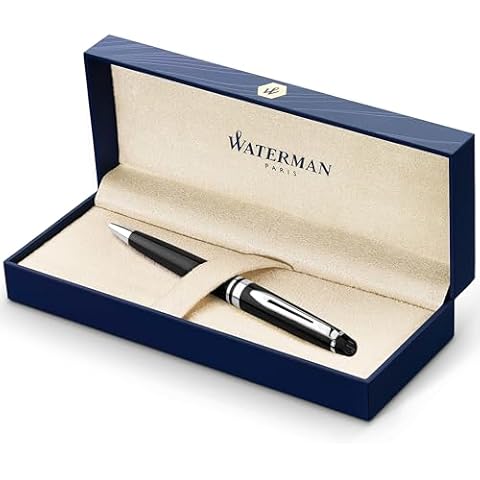Waterman Expert Ballpoint Pen | Gloss Black with Chrome Trim | Medium Tip | Blue Ink | Gift Box Cover