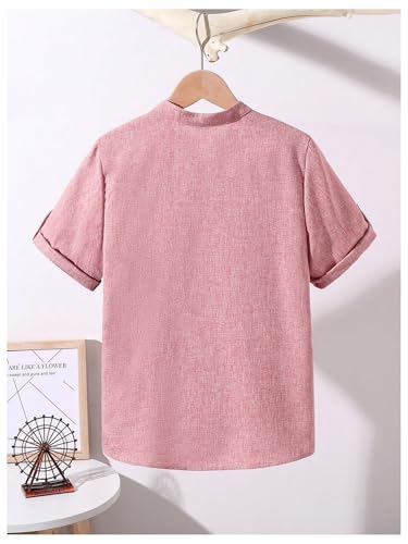 OYOANGLE Boy's Button Front Linen Shirt Band Collar Short Sleeve Henley Shirts Summer Beach T-Shirts2