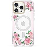 KINGXBAR for iPhone 15 Pro Case Clear Bling Glitter Cute for Women Girls, 3D Retro Flowers Floral, Compatible with Magsafe Magnetic Phone Case 6.1 inch Pink