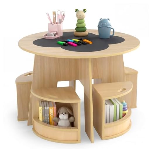 COSTWAY Kindertisch und Stuhl Set rund, 5 teilige Kindersitzgruppe aus Holz mit 4 Stauraumhocker, Maltisch für Kinderzimmer, Sitzgruppe für Kinder ab 3 Jahren (Natur)