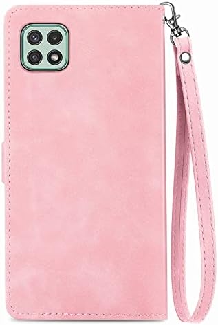 NEXCURIO Zip Wallet Case Compatible with Samsung Galaxy A22 5G Phone Case Wallet with Credit Card Holder Strap Stand Women Leather Flip Case Floral Folding Cover Shockproof - Pink