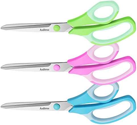 Asdirne Scissors, Premium 8.6” All Purpose Scissors, Ultra Sharp Stainless Steel Blades, Comfortable Grip, Great for Craft, Office, School and Everyday Use, Blue/Pink/Green, Pack of 3