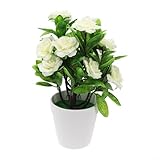 Yhenlovtt Realistische Rosenpflanze für den Außenbereich, Dekoration für Zuhause mit Tannenzapfen, Bonsai-Stil, für künstlichen Garten, Büro, Topf in 18 x 25 cm, Kunststoff, Seide, Weiß