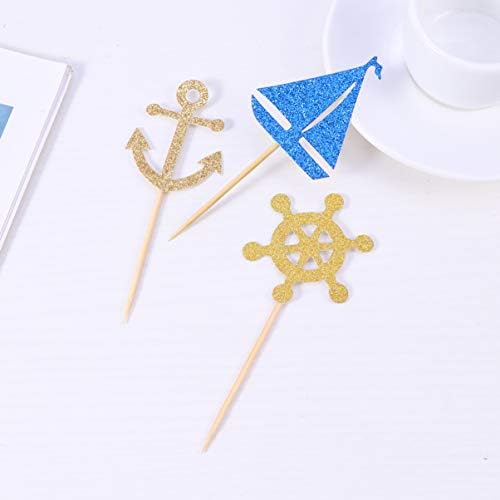 Kisangel 24 Pcs Cupcake Toppers Nautical Cake Topper Anchor Boat Cake Picks Cake Toppers for Festival Party Banquet Birthday
