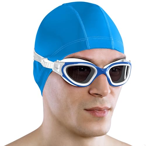 AqtivAqua Swim Goggles Swimming Goggles for Adult Men Women Kids 6-14 Youth Girls Boys Childrens DX-S (White&Blue frame, Blue case, Shade lens)