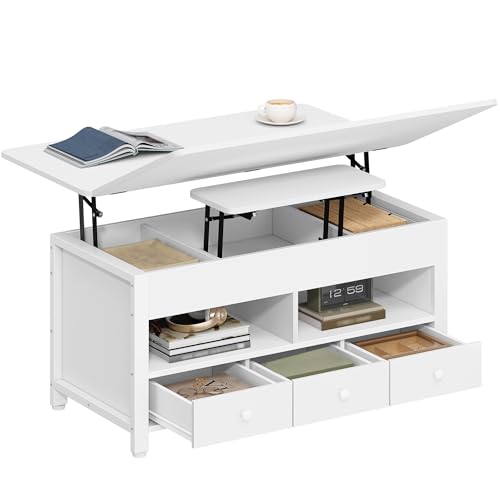 Hzuaneri Table Basse, Table de Salon Relevable, avec 3 Tiroirs et Rangement et Compartiment Caché, 50 × 100 × 47 cm, Convertible en Tables à Manger, pour...