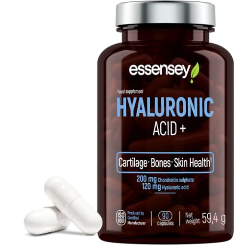 ESSENSEY Hyaluronic Acid+ 90 Capsules - Advanced Skincare and Joint Health Supplement with Vitamin C, Collagen Support, Proline, and Chondroitin - Promotes Radiant Skin, Flexible Joints