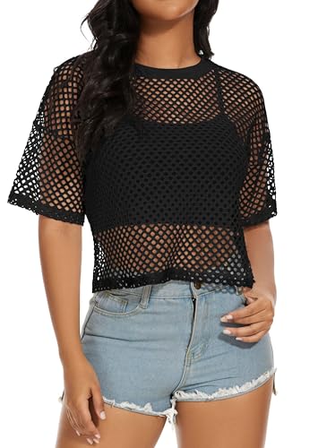 Damens Fishnet Mesh Tops Sommer Transparente T Shirt Kurze Ärmel Sheer Bluse(Schwarz L)