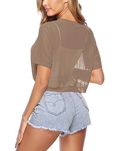 Aiboria Women Shrug Open Front Mesh Cropped Bolero Short Sleeve Sheer Cardigan Khaki Medium