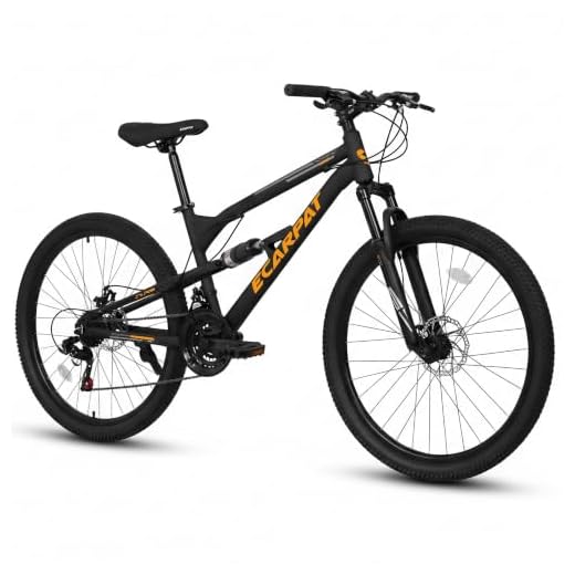 Full Suspension Mountain Bike 24 Inch Wheel, 21-Speed Mountain Bicycle with Dual Disc Brakes Thumb Shifter, Carbon Steel Frame MTB Bike for Teenagers Adult Men Women Trail Commuter, Black-Orange