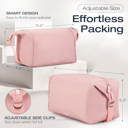 KAZAY Expandable Toiletry Bag with Side Clips for Adjustable Sizing, Premium High-Density Nylon, Open Wide Zipper, Stylish, Water Resistant, Cosmetic Bag, Makeup Bag, Full-Size Bottles, Unisex (Pink)3