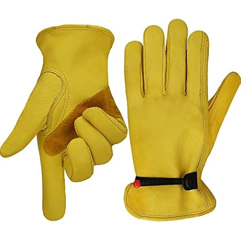 OLSON DEEPAK Work gloves Adjustable Wrist Tough Cowhide Leather Gardening Gloves,good grip for Logging/Wood Cutting/Forest Work/Driving (Medium) Cover