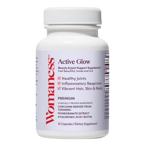 Womaness Active Glow Hair Skin and Nails Vitamins for Women - Hair Growth Vitamins with Hyaluronic Acid - Biotin and Curcumin - Nail Care, Joint Support and Glow Supplements for Dry Skin - 30 Capsules