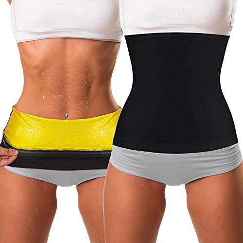 2 Pieces Waist Trimmer for Women Sweat Wrap Sweat Waist Trainer Sweat Tummy Workout Belt Stomach Wraps for Bodybuilding (Yellow Inner, L)