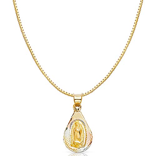 14K Tri Color Gold Diamond Cut Our Lady of Guadalupe Stamp Religious Charm Pendant with 0.8mm Box Chain Necklace