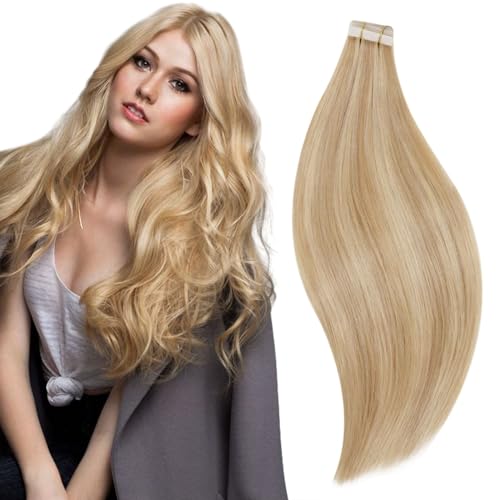 RUNATURE 18 Inch Tape in Hair Extensions Human Hair Golden Blonde Highlight Blonde Tape Hair Extensions Real Human Hair Remy Invisible Tape Hair 50gram #16p24