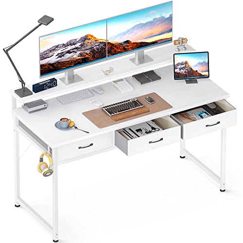 ODK 55 inch Computer Desk with Drawers, Home Office Desk with Adjustable Monitor Stand, Modern Work Study Writing Table Desk, White