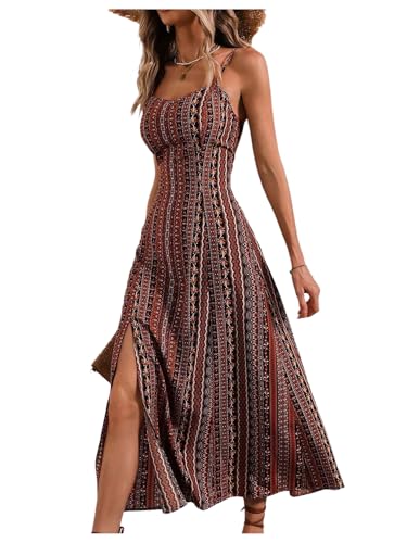 Women's Boho Split Thigh Vacation Midi Dress Spaghetti Strap Slim Fit Cami Slip Dresses