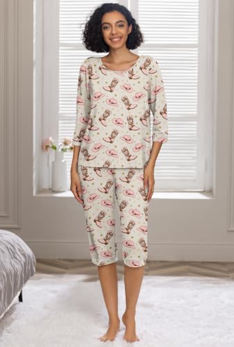 Image of PrinStory Womens Pajama Sets Capri Pjs Soft Lounge Sets XS-4XL