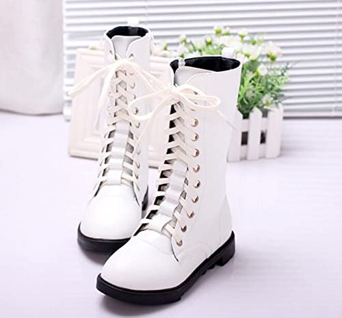 Dadawen Kid's Girls Leather Lace-Up Zipper Mid Calf Combat Riding Winter Boots (Toddler/Little Kid/Big Kid) White Us Size 2.5 M Little Kid #TOP2