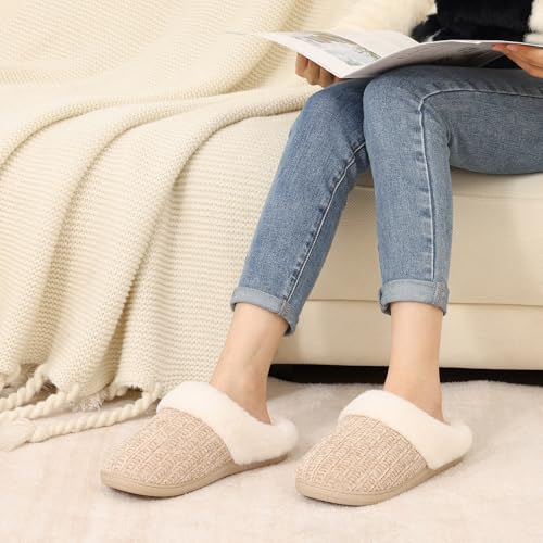 Image of Evshine Warm Knit House Slippers for Women Comfy Wool-Like Lined Chenille Slippers with Memory Foam and Indoor Outdoor Soles