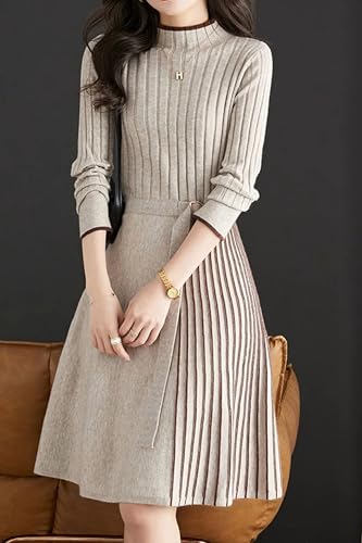 Image of LAI MENG FIVE CATS Women's Elegant Long Sleeve Stripe Sweater Ribbed Knit Pullover Fall Midi Dress