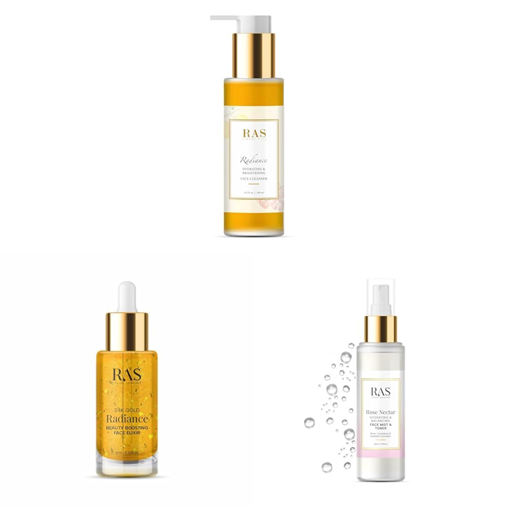 RAS Luxury Oils Radiance Hydrating & RAS Luxury Oils 24K Gold Radiance Beauty Boosting Face Elixir Serum & RAS Luxury Oils Rose Nectar Face & Body Spritz Toner