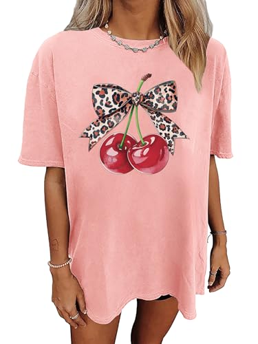 Womens Oversized Tshirt Cherry Shirt: Cherry Bow Graphic Tees Short Sleeve Shirts Summer Casual Loose Tops(Pink4,Medium)
