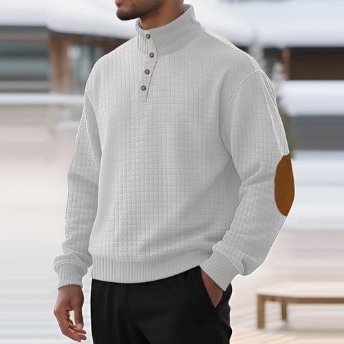 Hawyet Quarter Button Down Sweater for Men Long Sleeve Elbow Patched Stand Collar Jacquard Winter Fall Pullovers2