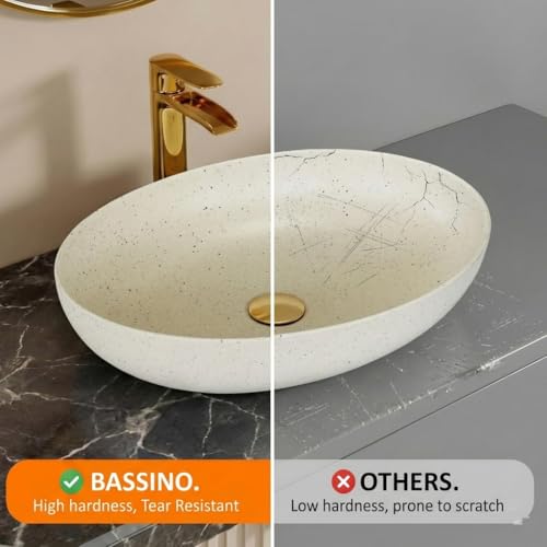 Image of BASSINO 20x16x6 Inches Ceramic Table Top Wash Basin /Designer Bathroom Sink /Luxury Countertop Vessel Basin /Oval Above Counter Basin /Wash Basin for Bathroom /Dining Hall /Vanity Sink(Matt Beige Terrazzo)