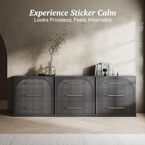 Image of BELLEZE Set of 3 Fluted Modular Sideboard Cabinet, 97'' Classic Modern Buffet Cabinet with 3 Drawers, Accent Credenza Cabinet for Living Room Kitchen Entryway (Ebony)