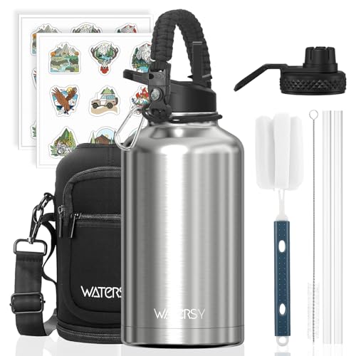 WATERSY Isolierte Edelstahl Trinkflasche 64oz Vakuumisolierte Thermosflasche mit 2 Deckel Auslaufsichere Wasserflasche 1890 ml Doppelwand Flasche Metall Sport für Sport Camping Gym