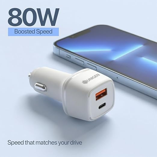 Image of UNIGEN 80W Fast Car Charger Dual Port (USB-C PD + USB QC 3.0), Compact Metal Car Charging Adapter Compatible with iPhone, Android Smartphones, Earbuds, Smartwatch & Power Bank (White)
