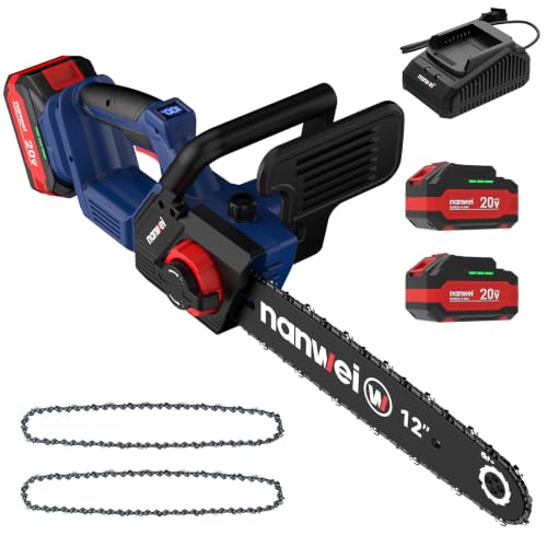 Image of NANWEI 12 Inch Chainsaw Cordless, 20V Brushless Motor, 2x4.0Ah Batteries and Charger, Auto Oiling, Tool-Less Adjustment, Lightweight Electric Chainsaw for Tree Pruning, Branch Cutting, Extra Chain