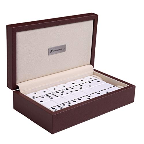 Double 6 Large White Domino Set con Estuche Marrón