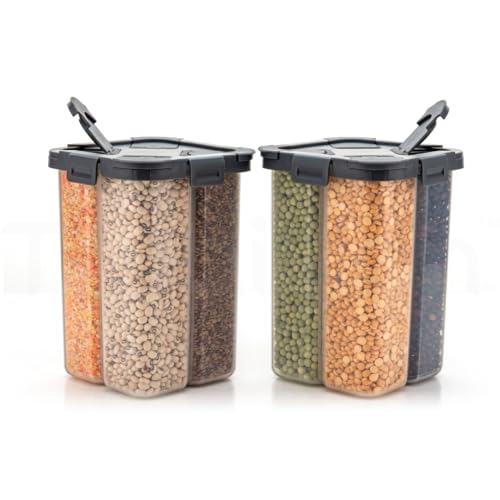 Image of SplitBox - Pack of 2, 4-Section Kitchen Food Storage Container,2000ml BPA-Free Transparent,Black Lid,Removable Divider,Freezer Safe,Stackable,Space Saving,Pulses,Snacks,Dry Fruits (Grey)