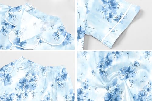Image of Schbbbta Women Pajamas Set, 2 Pieces Satin Silk Button Down Pjs Short Sleeve Outfits Loungewear